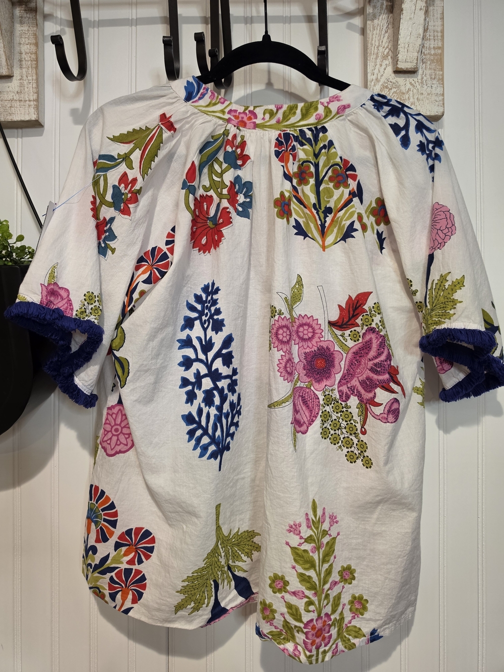 THML White Floral Button-Down Shirt with Navy Fringe Trim - Picture 5 of 5
